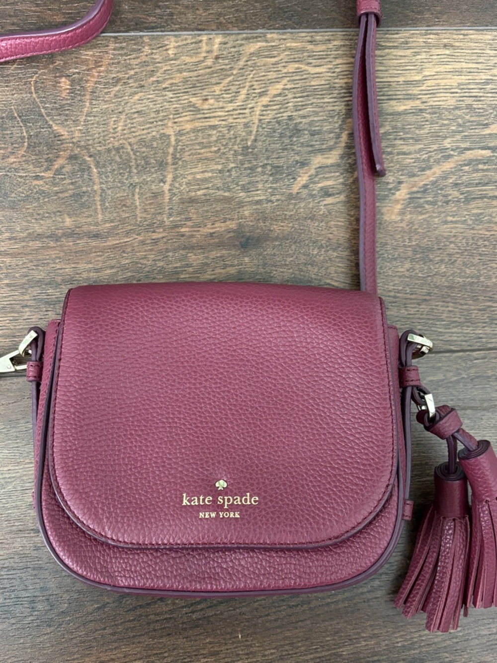 kate spade Burgundy Leather Pebbled Crossbody with Tassel